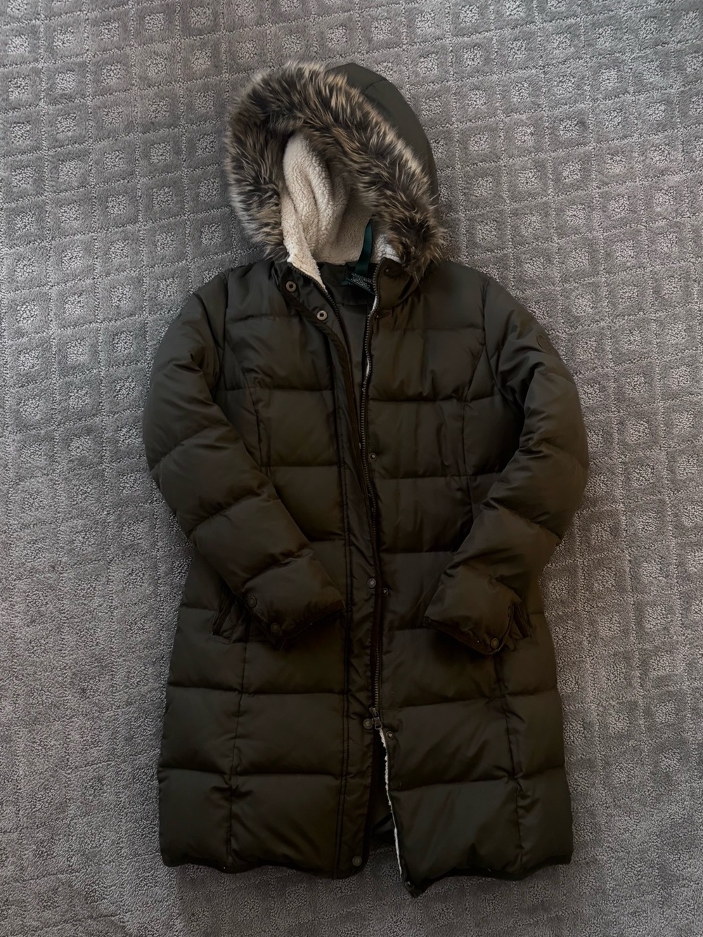 Women's Ralph Lauren Long Green Puffer Coat Winter Jacket with Faux Fur Hood